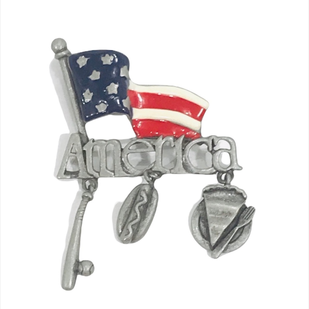 Danecraft American Flag, Bat, Hot Dog and Pie Pin, Silver